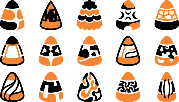Set of fifteen unique candy corn pieces with various decorative patterns and textures for halloween holiday design projects