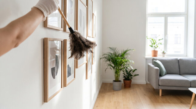 Woman dusting picture frames in modern living room with plants  