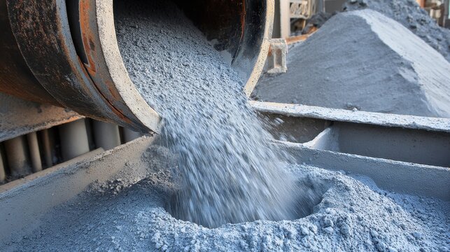 Cement Mixing Process at Construction Site with Close-Up of Gray Cement Pouring from Drum into Trench