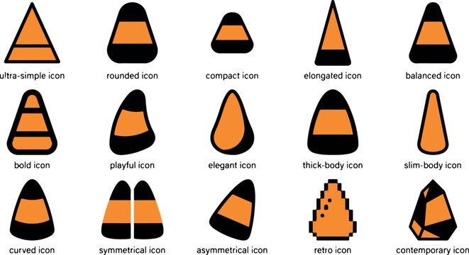 Collection of various candy corn shapes and sizes isolated on a white background for halloween holiday design projects