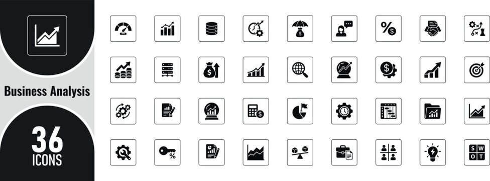 Business analysis icons set featuring analytics finance growth planning graph target revenue and statistics report symbol
