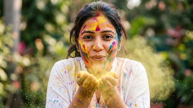 Young woman with colorful powder on face celebrating holi