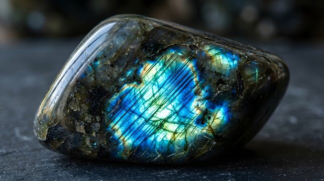 Polished labradorite gemstone with blue iridescence. Macro shot of a natural mineral stone.