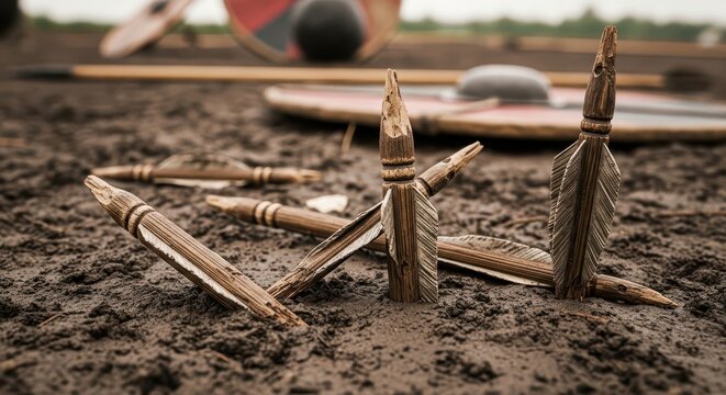 Antique wooden arrows stuck in muddy ground with ancient shields in the background, historical battlefield scene