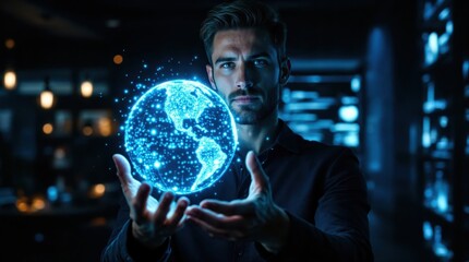 Fototapeta premium Futuristic Earth Hologram: A man holds a glowing, futuristic holographic projection of the Earth in his hands, representing global connectivity and advanced technology.