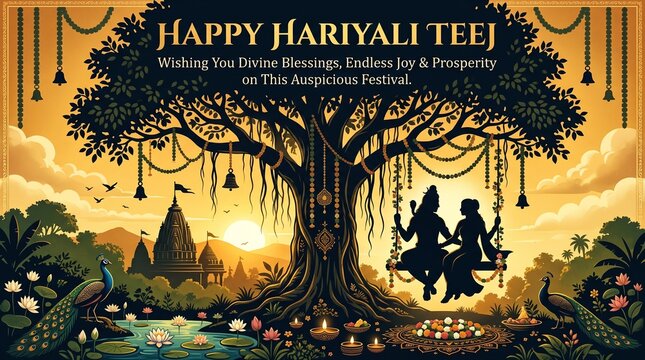 Silhouette of lord shiva and goddess parvati sitting on a floral swing under a large tree, hariyali teej festival with golden sunset background, temple silhouettes, and peacocks