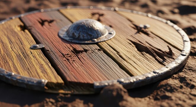 Close-up of a weathered, battle-worn wooden Viking shield with metal boss and rim resting on sandy ground