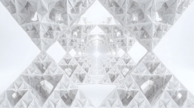 Abstract white geometric structure. Modern 3D architectural pattern with triangular shapes.