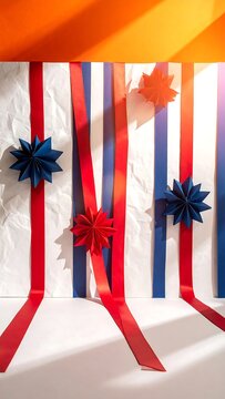 Red blue and orange ribbons with stars.