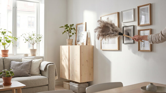 Person dusting furniture in modern living room with plants and art  