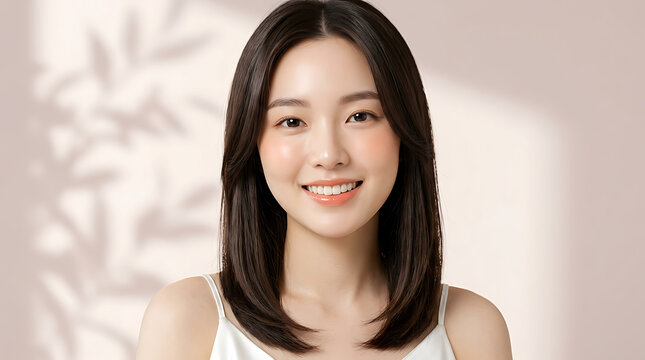 Portrait of a young woman with flawless skin and a warm smile, showcasing natural beauty and confidence in a bright, modern