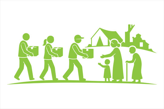 Green icon of volunteers delivering food boxes to displaced elderly and child