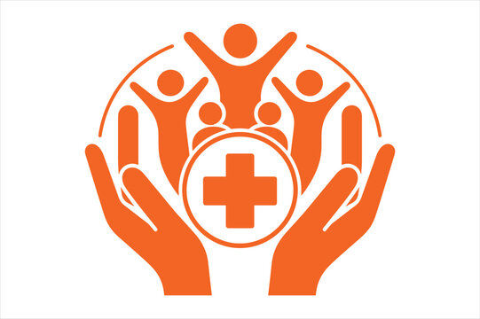 Orange medical healthcare sign held by protective hands with people icons