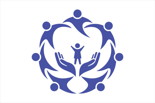 Blue circular icon design showing hands protecting a central child figure
