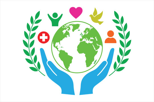 Hands holding a colorful world globe surrounded by social and medical icons