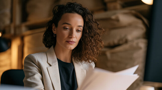 A supply chain manager in a warm amber-lit distribution office reviews green home certification upgrade paperwork alone at a standing desk, stacked sustainable packaging crates