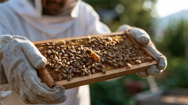 beekeeper close up hands lifting a honeycomb frame in a crowded community garden nudge default option behavior apiary management pollinator health urban beekeeping seasonal