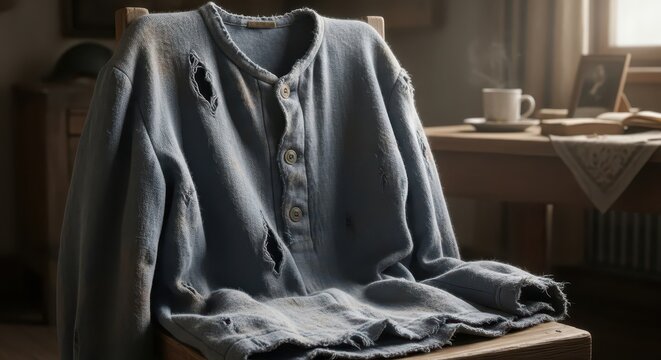 A worn and torn woolen sweater draped on a chair in a rustic room, evoking a sense of history and hardship