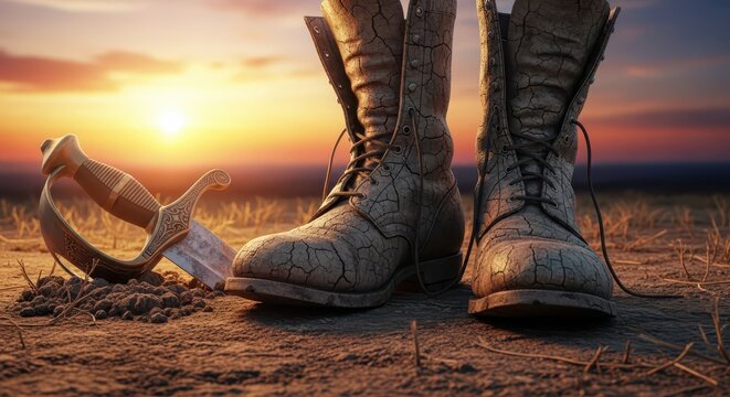 A Soldier's Boots and Saber Rest on Dry Ground at Sunset, Symbolizing the End of Conflict or Journey