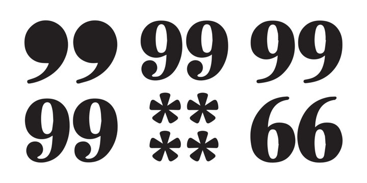Set of black quote mark icons and asterisks isolated on transparent background, elegant serif font style.