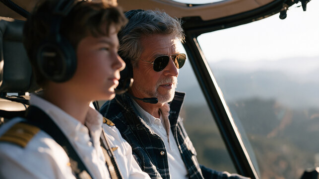 helicopter pilot and grandparent sharing a cockpit preflight checklist in early morning mist mountain airfield implementation intention aviation intergenerational mentorship