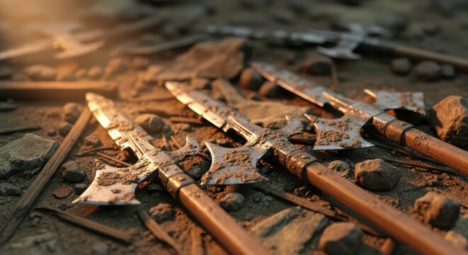 Collection of ancient medieval polearms with battle-worn axe heads lying on rocky, dirt ground with soft lighting