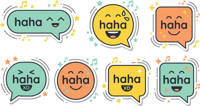  Cute Haha Laughing Emoji Speech Bubble Vector Sticker Set Featuring Happy Smilies, Music Notes, and Stars for Social Media and Chat Expressions