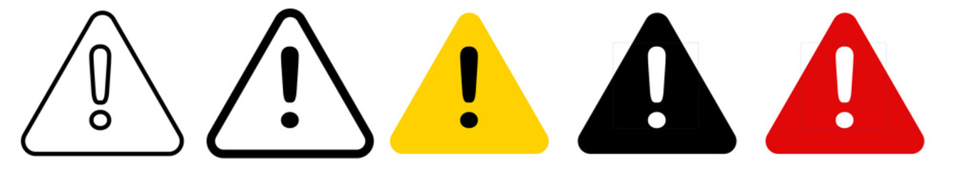 Warning triangle danger icon set, precaution mark in red black yellow colors