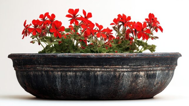Red geranium flowers in vintage black pot on white background showcasing vibrant blooms and textured surfaces