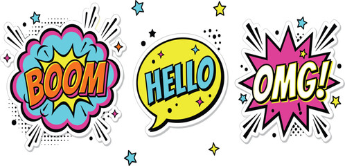 Pop Art Comic Book Speech Bubble Sticker Set Featuring Boom Hello and Omg Text Expressions with Explosion Clouds and Stars for Graphic Designs © khadija