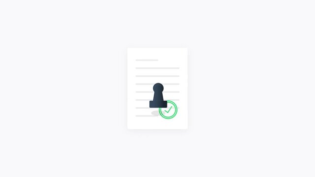 Approved Document: A simple, modern illustration shows a document with lines of text, stamped with an official seal and marked with a green checkmark, signifying approval and agreement.