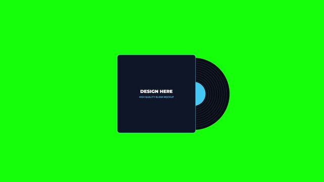 Vinyl record mockup on green screen, black album cover with disc animation, minimalist music packaging template for video production