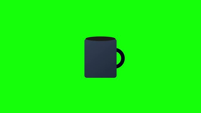 Minimalist black coffee mug icon on green screen background, flat vector style tea cup animation, ceramic kitchenware graphic for video editing