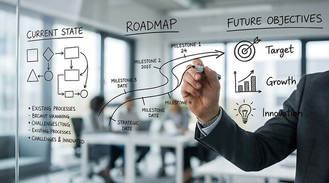Business professional drawing a strategic roadmap and future objectives on a glass office wall.