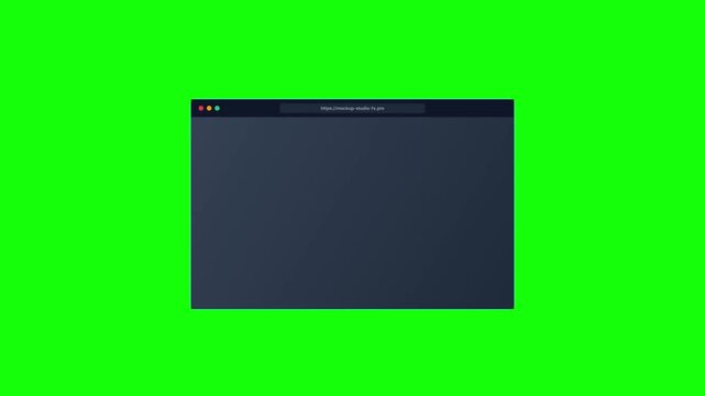 Minimalist browser window on green screen, dark mode web browser interface mockup, blank internet browser frame for video compositing