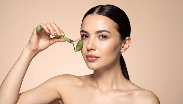 Beauty woman using gua sha facial massage tool