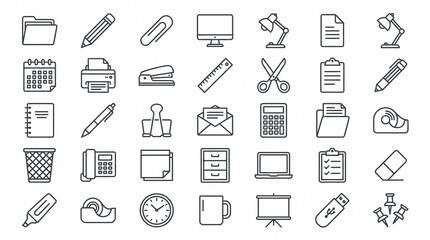 Fototapeta premium Office stationery line art icons. Set of business supplies and workspace equipment symbols.