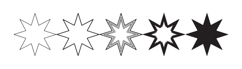 Set of five eight pointed star shapes with various line weights and styles isolated on transparency. © Md