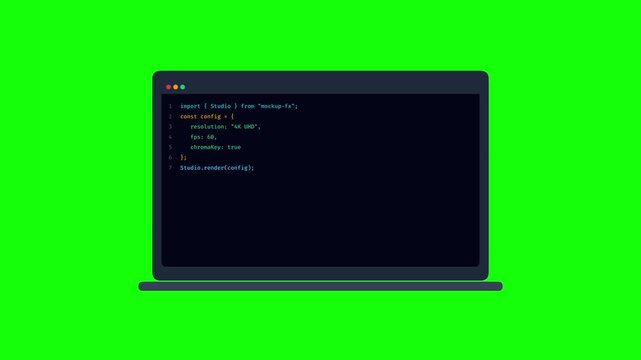 Software programming code on laptop screen, flat design computer with coding script on green screen background, web development and data science concept