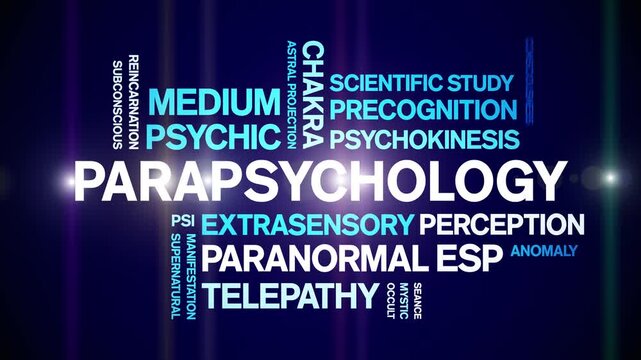Parapsychology animated word cloud-animation tag kinetic typography seamless loop.