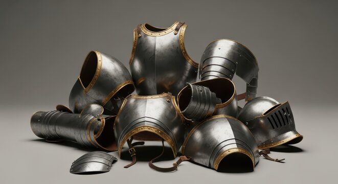 A pile of historical medieval knight's armor pieces, including helmets, breastplates, and pauldrons, on a neutral background.