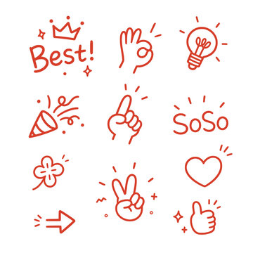 Cute Red Doodle Icons Set Hand Gestures Symbols and Words Line Art for Stickers