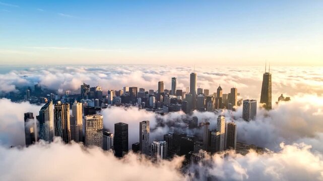 Aerial cityscape emerges from fluffy cloud sea at dawn, buildings silhouetted against sky