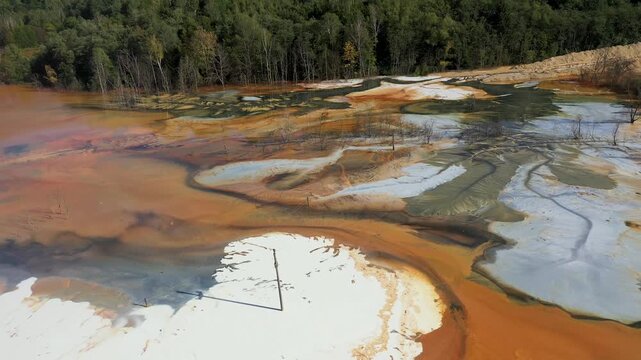 Aerial abstract surreal natural patterns above. Colorful chemical mining leach residues in decanting pond by drone