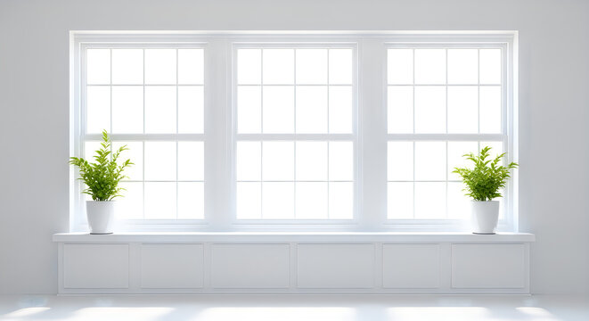Three green plants growing in small white pots on a windowsill