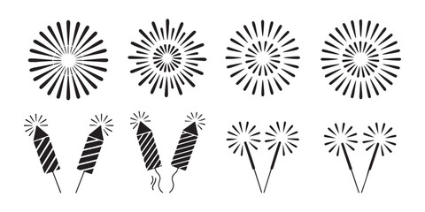 Set of firework explosion and firecracker icons isolated on a transparent background for various events. © Md