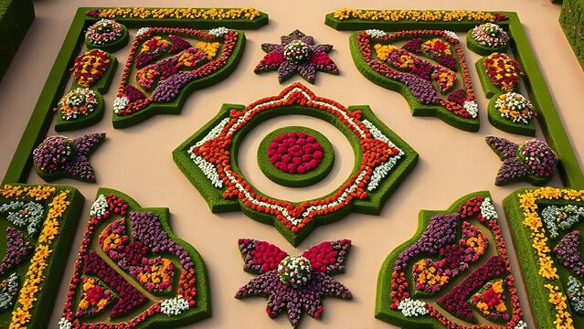 Geometric parterre garden with colorful flowers, aerial view, symmetrical pattern.