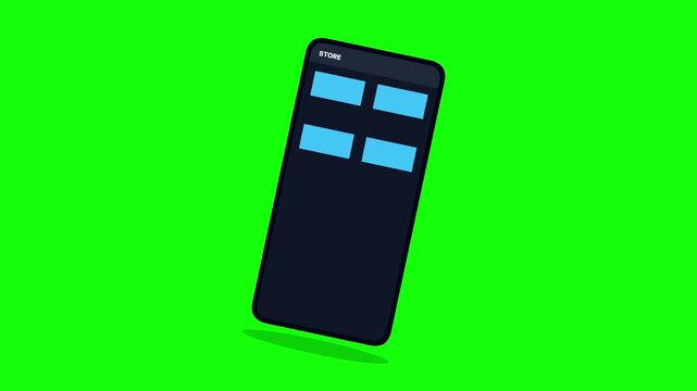 Minimalist smartphone animation on green screen background, modern mobile phone interface with blue buttons, digital device motion graphic
