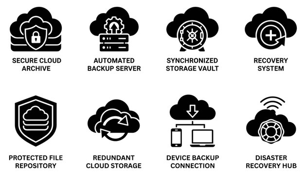 Cloud Storage Icons Representing Secure Cloud Archive, Automated Backup Server, Synchronized Storage Vault, Re