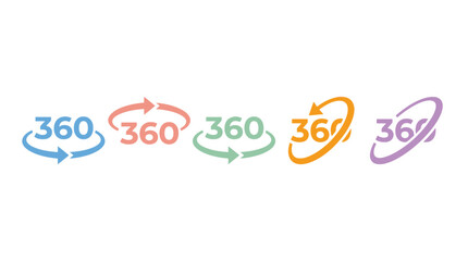 Fototapeta premium Five colorful three hundred sixty degree rotation icons featuring minimalist typography and smooth circular arrows on a clean white background